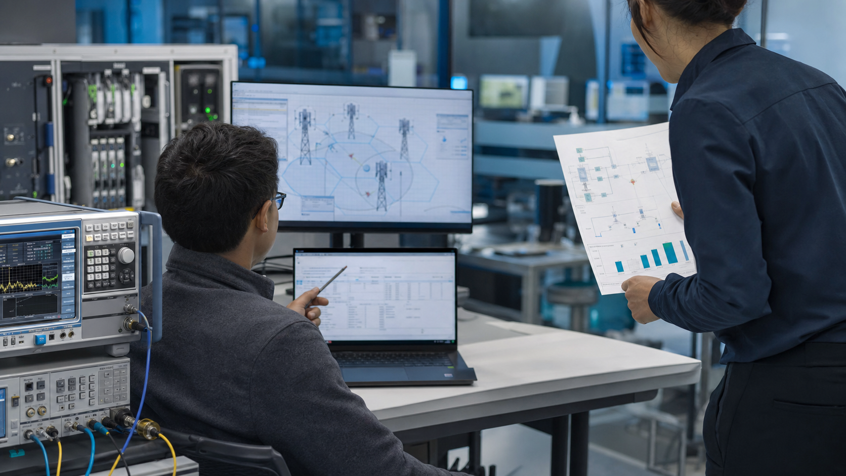 Telecom engineering team reviewing network implementation plans in a lab