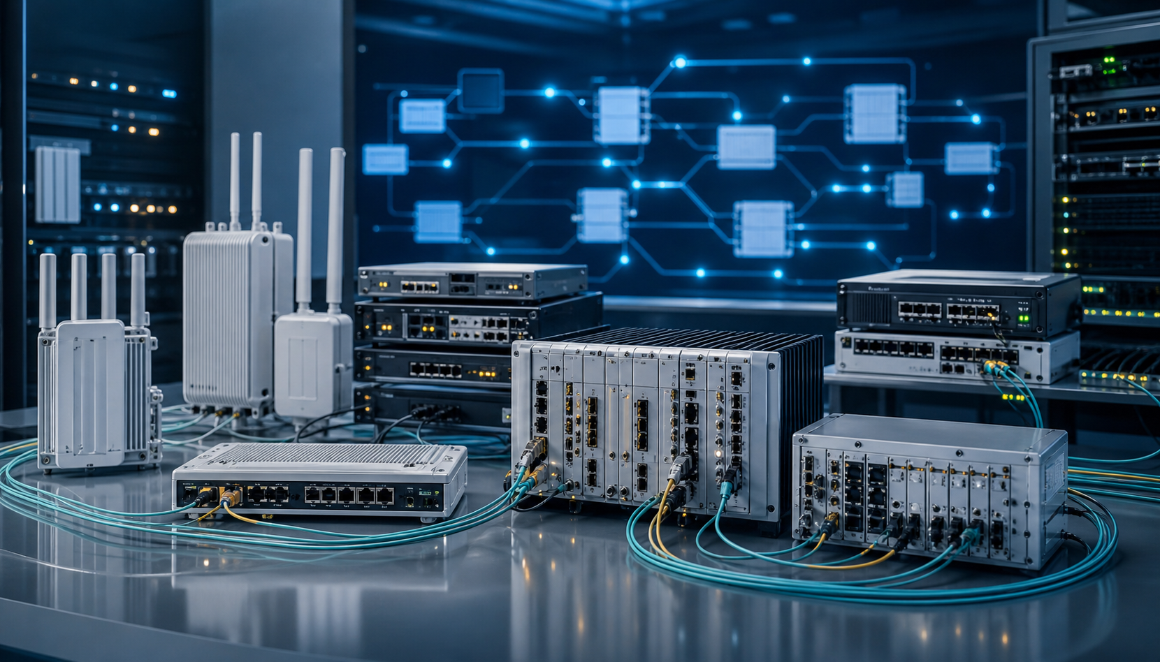 Unbranded telecom hardware connected in a network lab